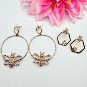 Mary Kay Bee Earring Set You Can Do It Big Hoops Hexagon Studs Gold Tone Pink